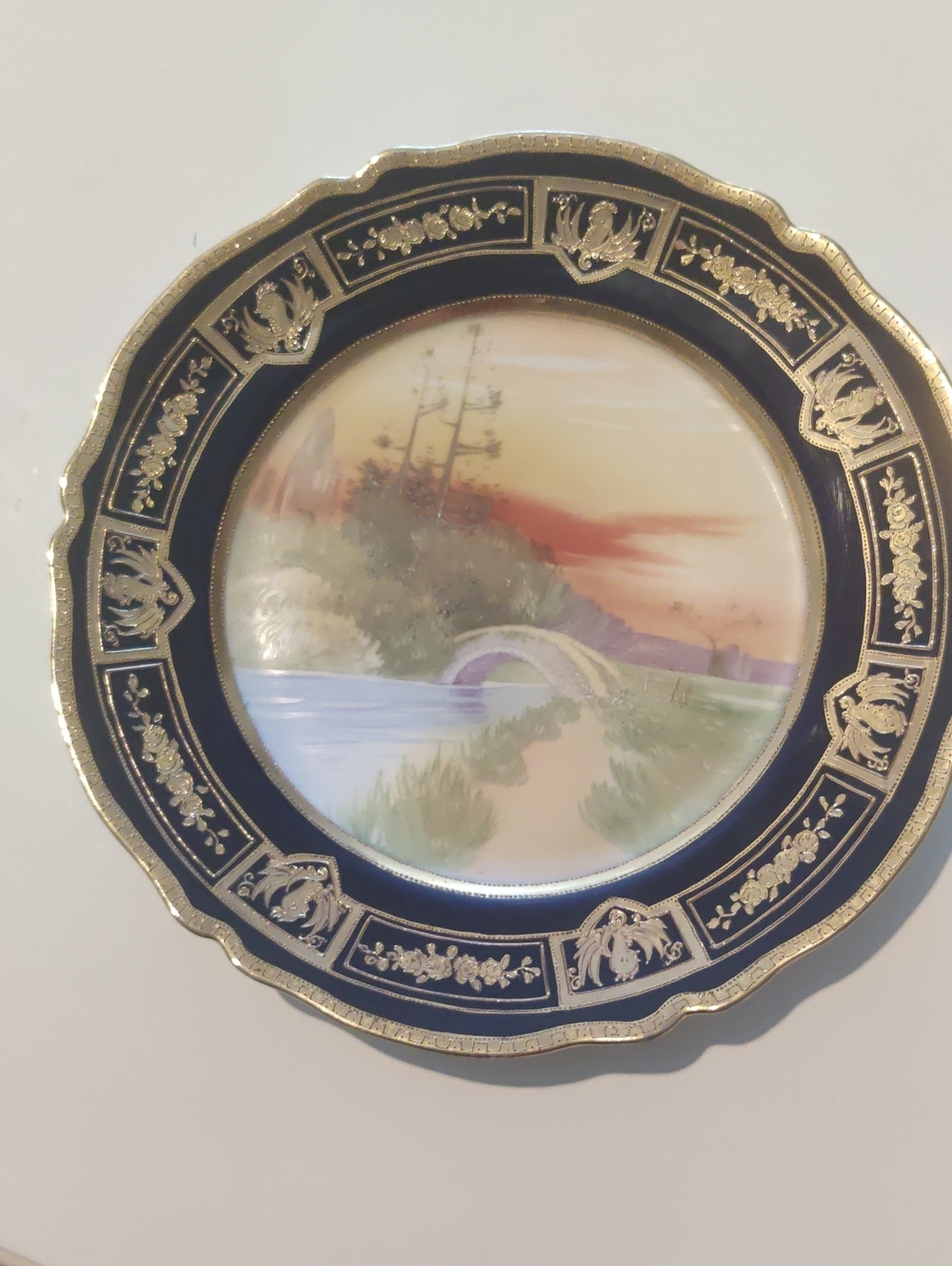 Nippon Porcelain Decorative Plate w/Scenic Landscape and Gold Relief Gilding